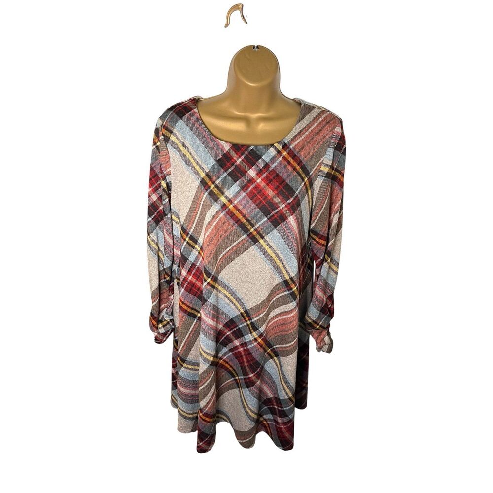 R&K Plaid Swing Dress Womens Large Long Sleeve Soft Stretch Tunic Multicolor